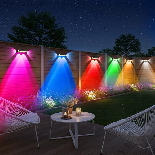 OUTON 6 Stück Solarlampen für Außen Wand, Solar Wandleuchte Aussen mit 4 LED Linsen, Warmweiß und RGB 7 Farben, IP65 Wasserdichte Zaunbeleuchtung Solar für Wand, Geländer, Terrasse, Pool, Garten