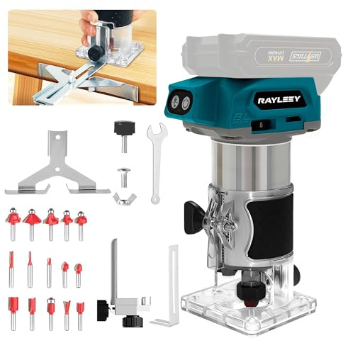 Cordless Router Compatible with Makita 18V Battery, 800W Brushless Wood Trimmer with 5-Speed, Straight Guide, Guide Wheel, 15 1/4-Inch Bits and Spanner, Palm Router for Woodworking (Tool Only)