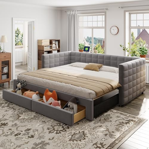 Lahoomu Polsterbett 3-in-1 Ausziehbares Schlafsofa 90 x 190 cm, mit Schubladen, umbaubar in Einzel-/Doppelbett mit Lattenrost, Baumwolle und Leinen, Grau (Matratze Nicht enthalten)