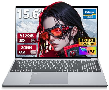 15,6 Pouces Ordinateur Portable, Celeron N5095 Processeur 24 Go RAM DDR4 512 Go SSD PC Portable, Laptop FHD IPS Win 11 Déverrouillage Empreinte Digitale Clavier Rétroéclairé USB 3.0 HDMI Bluetooth