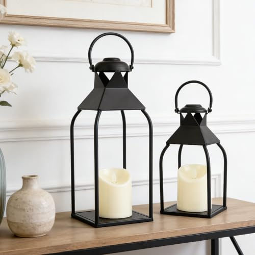 Modern Lantern Decor Indoor,Black Metal Lanterns Outdoor,Decorative Candles Lanterns for Living Room,Home,Farmhouse,Porch,Patio,Fireplace,Table,Floor,Fall,Christmas,Holiday