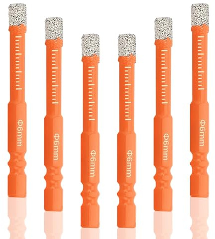 6Pcs 6mm Diamond Drill Bits, Hex Shank Diamond Dry Drill Bits Set, Porcelain Tile Drill-Bit for Granite, Ceramic, Marble, Brick, Glass, Hard Tile, Stone, Hard Materials