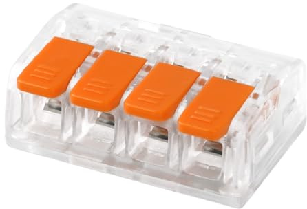 CILIA Anslutningsklämmor 4-polig med spak – 100 stycken kompakta burkklämmor för alla typer av ledare (0,2–4 mm²) – återanvändbara elektriska kabelkontakter, transparent/orange