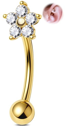 OUFER 16G 6mm Fleur Piercing Rook en Acier Chirurgical 316L, Or Barre Courbée pour Sourcil Eyebrow, Piercing Hélix Conch Lobe Labret Tragus avec Zircon Cubique pour Femme