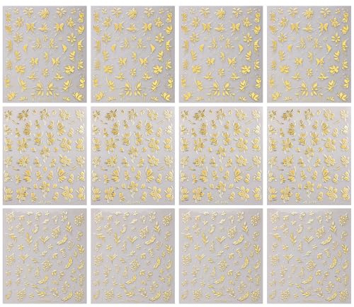 Vauki 12 fogli di adesivi per unghie con fiori e foglie dorate, adesivi 3D con stampa a caldo autoadesivi per manicure (85x100mm) - Adesivi versatili per decorazioni fai da te, bullet journal, cover