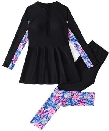 FYMNSI Langärmeliger Badeanzug für Mädchen, Rashguard-Set, Bademode, muslimisch, islamisch, Kinder-Badeanzug, Reißverschluss, Oberteil mit Badehose für 5–14 Jahre