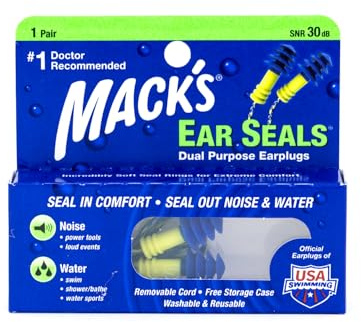 Mack’s Ear Seals Earplugs, 1 Pair with Detachable Cord - SNR 30db - Dual Purpose Comfortable Ear Plugs for Noise Reduction and Blocking Water