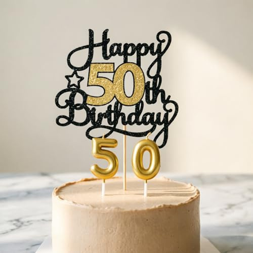 50th Birthday Decorations - Golden Number 50 Candles with Glitter 'Happy 50th Birthday' Cake Topper - Non-Drip, Long Burning Time for Adult Party & Anniversary Celebration
