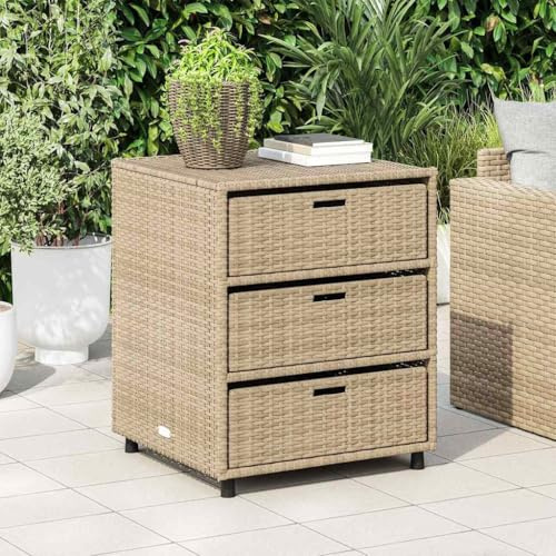 Mokuyary Gartenschrank Beige 55x59x69 cm Poly Rattan, Aufbewahrungsschrank mit 3 Schubladen für außenbereich, Garten, Terrasse, Balkon, Gartengeräten, Poolzubehör