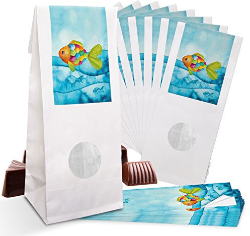 Logbuch-Verlag 25 kleine Lebensmittel weiße Sichtfenster Beutel innen foliert 8 x 5 x 24,5 cm + Schön dass du da bist Banderole Fisch türkis blau maritim