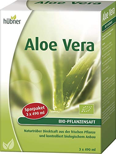 hübner® Aloe Vera Bio-Pflanzensaft naturtrüb | 100% naturtrüber Aloe Vera-Saft | Aus kontrolliert biologischem Anbau | Ungefiltert & vegan | Frischer Geschmack | 3 x 490 ml