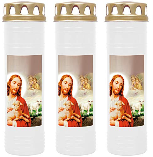 HS Candle Grabkerze - 3er Pack - (Weiß) Grablicht ca. 7 Tage Brenndauer je Kerze - Motiv: Jesus mit Lamm