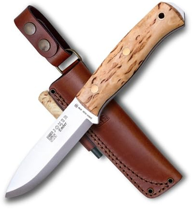 Joker jaktkniv Ember Scandi CL122-P, med läderskena och brandstål inkluderade, bälteskniv med blad 10,5 cm av sandvikstål 14C28N, verktyg för fiske, jakt, camping och vandring