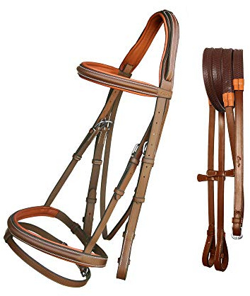 Exion English Jumping Hunter Bridle with Removable Flash Noseband & Rubber Reins | Soft Padded Raised Snaffle Browband & Noseband | Anatomical Anti-Pressure Headpiece | Leather Horse Bridle