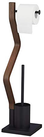 Relaxdays WC Garnitur stehend, Holz und Stahl, Toilettenpapierhalter mit Bürste, 1 Stück, schwarz/braun