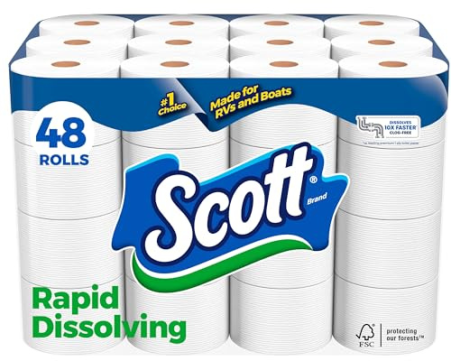 Scott Schnellauflösendes Toilettenpapier, 48 Doppelrollen (6 Packungen mit 8 Stück) = 96 normale Rollen, 231 Blatt pro Rolle, hergestellt für Wohnmobile und Boote