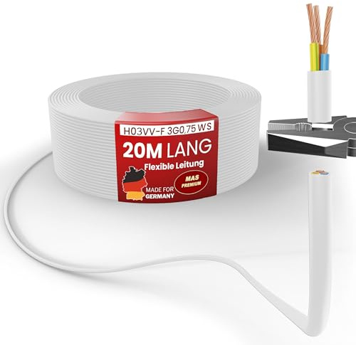 MAS Premium Von 5 bis 100m Kunststoffschlauchleitung H03VV-F 2X0,5, 2X0,75, 3G0,75 oder 4G0,75 Flexible Leitung Kabel Gerätekabel (H03VV-F 3G0,75 WS, 20m)