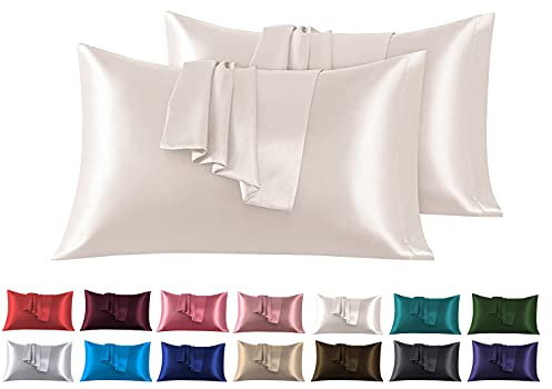 Funda de Almohada Satén 50 x 90 cm, Paquete de 2 Fundas de Almohadas Saten Pelo Rizado Súper Suaves, Fundas con Cierre de sobre, Protege Cabello y Piel, Beige