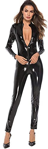 Ladies Zip PVC Shiny Catsuit Leather Jumpsuit Dance Lingerie Bodysuit Cosplay Fancy Dress Corset Nightclub DS Costumes (Black,XXXXL)