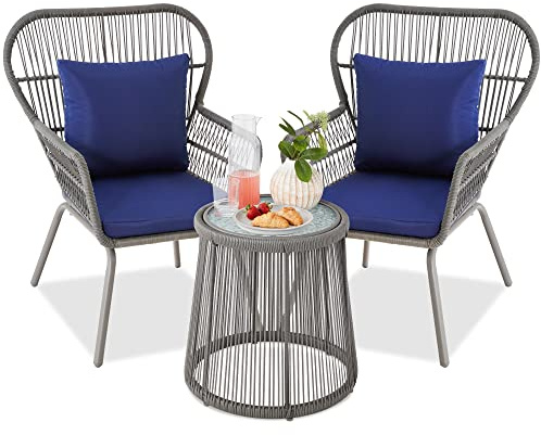 Best Choice Products 3-Piece Patio Conversation Bistro Set, Outdoor All-Weather Wicker Furniture for Porch, Backyard w/ 2 Wide Ergonomic Chairs, Cushions, Glass Top Side Table - Gray/Navy