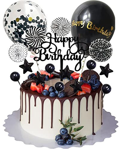 meetyours 17 Stück Happy Birthday Kuchendekorationen Schwarz, Geburtstagskuchendeko, Junge, Geburtstagskuchendeko, Schwarze Sterne, Tortenaufsatz, Glitzer, Geburtstagskuchenaufsatz mit Konfetti-Ballo