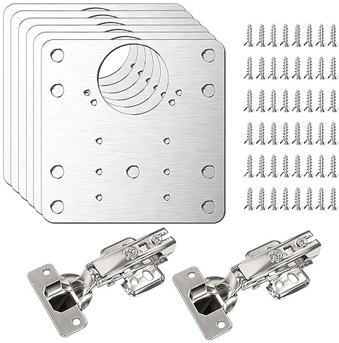 Simpeak Juego de Placa de Reparación de Bisagras y Bisagras Puertas Cocina, 6 Piezas 9 x 9 cm Placas de Bisagras de Puerta de Armario de Cocina con Orificios + 2 Piezas 35mm Bisagras de Armario