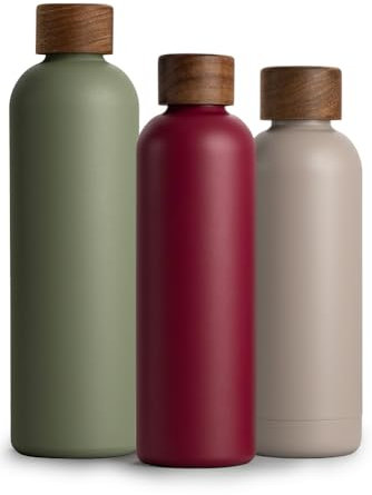 T&N Edelstahl Trinkflasche 750ml, Thermosflasche 0.75l mit Akazienholz Deckel, Isolierte Wasserflasche auslaufsicher bei Kohlensäure, Isolierflasche 750 ml - Berry Red