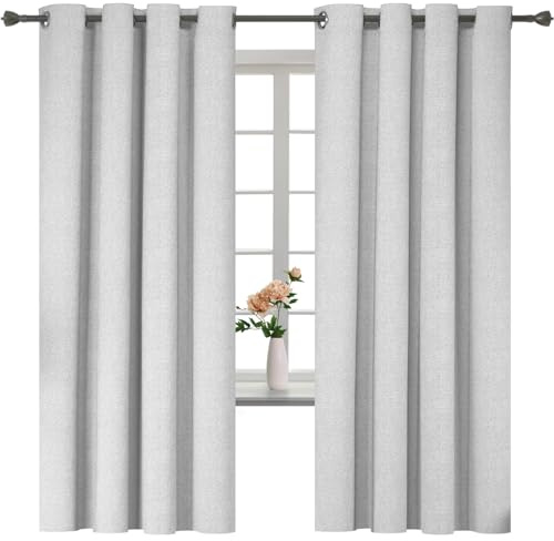 YSTELLAA Tende 100% Oscuranti Per Interni 2 Pezzi, 140×180cm, Effetto Lino, Tende Termiche, Con Anelli, Tenda Termica Isolante Freddo E Caldo, Fonoassorbenti, Moderne, Grigio Bianco
