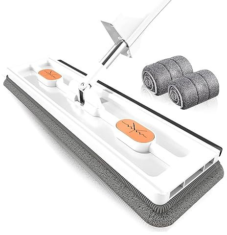 Grande mocio piatto, set con secchio, giunto girevole a 360°, mocio con funzione strizzatore, con 1 secchio pieghevole + 2 stracci, bianco