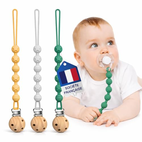Attache Tetine (3 Couleurs) - Attache Sucette [Société Française] | Accroche Tétine Bebe - Cordon En Silicone de Haute Qualité Testé & Approuvé (Mauve/Bleu-Vert/Gris)