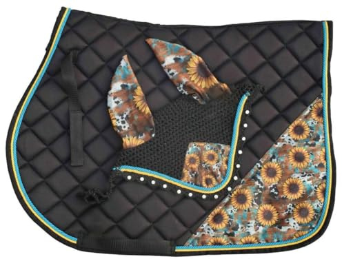 Sunflower All Purpose English Saddle Pad, Handmade Jumping Saddle Pad, Fly Bonnet, Saddle Cloth Festive Fancy Style Saddle Pad Fly Veil Set (Pony)