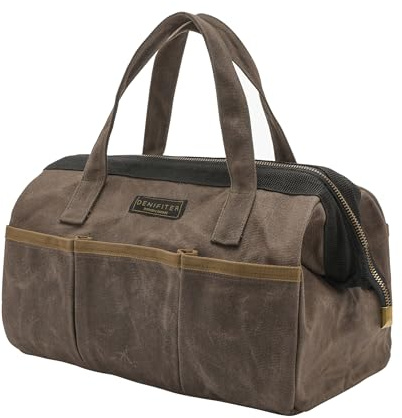 Tool Bag, 13-inch Heavy Duty 16oz Waxed Canvas Wide Mouth Water-Resistant Tool Bag, Tool Tote with Handle for Tools, Wrenches, Screwdrivers (13 X 7.8 X 9 inch) | Grey