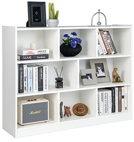 COSTWAY Kinderregal, Spielzeugregal mit 2 großen Fächern und 6 kleinen Fächern, Kinder Bücherregal Holz, Spielzeugschrank für Spielzeug, Puppen und Bücher, 122 x 32 x 93 cm, Weiß