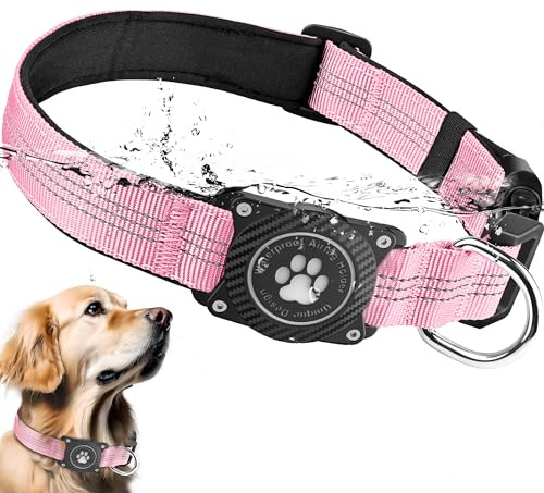 Ytanest Leuchtend Airtag Hundehalsband, Verstellbar Wasserdicht Apple Air Tag Halter Halsband Reflektierend für Kleine Mittler Große Hund, Rosa, M