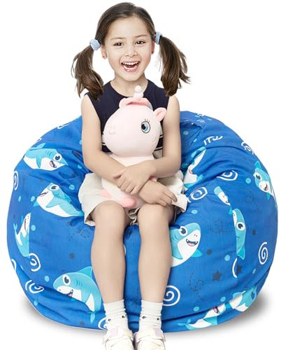 Round Bean Bag Cover Only without Filling, Large Stuffed Animal Bean Bag Storage, Bean Bag Chair Cover, Beanbag Covers with no Filling for Kids and Teens (Shark, Large)