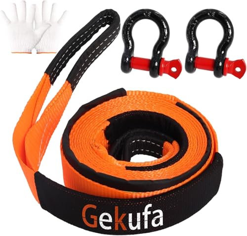 Tow Rope 5M x 5CM, 10Ton (22,000 LBS) Tow Strap Car Kit with 2 Reinforced Shackles(14Ton-31,000LBS) and 2 Protective Gloves – For Off-Road Recovery and Cars (Orange)