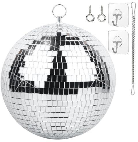 Palla da Discoteca 20 cm con Catena e Gancio – Sfera da Discoteca Specchiata Mirror Ball per Feste, DJ, Club ed Eventi, Argento