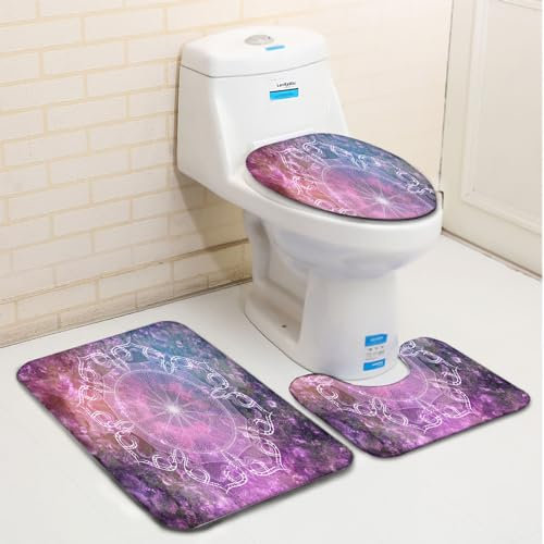 Badezimmerteppich Set 3 Teilig Lila Rosa Mandala-Blume Badematte rutschfest Bad Teppiche Set U-förmiger Teppiche und WC-Deckelbezug für Dusche und Toilette