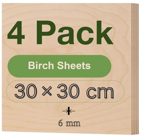 ROBOTIME Tablero Madera Contrachapada 6mm Abedul 30×30cm 4 Piezas Tablero de Madera a Medida Para Bricolaje,Pirograbado Corte por Laser CNC Router Modelado