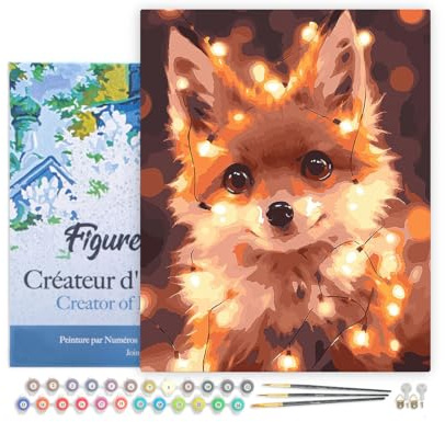 Figured'Art Peinture par Numéro Adulte avec Cadre Petit renard et guirlande éclairée - Activité Manuelle Kit de Loisir Créatif DIY Numéro d'Art Complet - 40x50cm toile tendue sur châssis