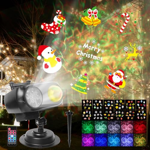 ROVLAK Projektor Weihnachten Aussen Innen - 96 Mustern+10 Wasserwellen LED Projektionslampe Weihnachten Wasserdicht Weihnachtsprojektor mit Fernbedienung Lichtprojektor Lampe für Weihnachten Halloween