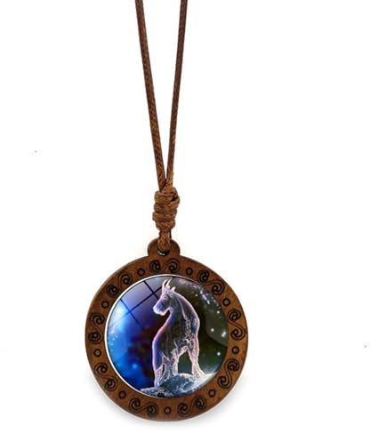 Steinbock Sternzeichen Anhänger Halskette Für Frauen Männer - 12 Sternbilder Zeit Edelstein Glas Holz Anhänger Vintage Wachs Seil Halskette, Horoskop Himmlischer Astrologie Schmuck,Steinbock,42,