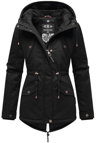 MARIKOO Damen warme Winterjacke mit kuscheliger verstellbarer Kapuze Manolya Black with black fur Gr. M