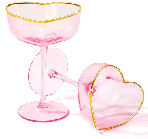 Didaey 2 Pack Valentine's Day Heart Shaped Champagne Flutes Pink Coupe Martini Glasses Cocktail Toasting Glasses Wine Cups with Gold Rim for Wedding Anniversary Galentine's Birthday(Classic)