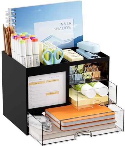 Marbrasse Schreibtisch Organizer mit 3 Schubladen,Stifthalter mit Großen Kapazität für den Schreibtisch,Büro Organizer mit 4 Fächern und Zubehör,für Büro Haus und Schule(Schwarz)