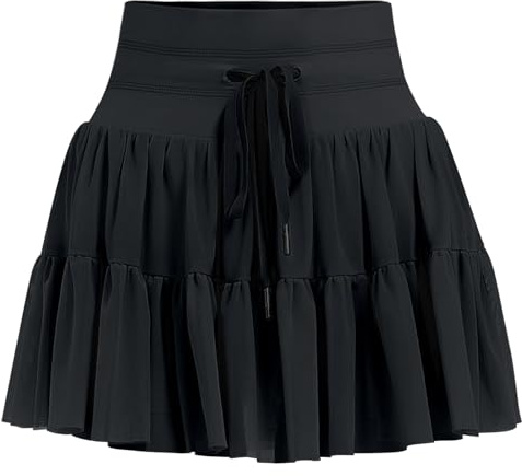 DGSHIRLDJO tenniskjol dam med byxor kort byxkjol hög midja volanger sommarkjol veckad kjol golf sportkjol träning minikjol, svart, XL