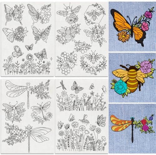 DOODLREAM 18 Stück Insekten-Blumen wasserlösliche Handnäh-Stabilisatoren | 4 Stück 21 x 30 cm Stickvorlagen Schmetterling Libelle Biene, aufklebbare Stickmuster für Handnäharbeiten und DIY Projekte