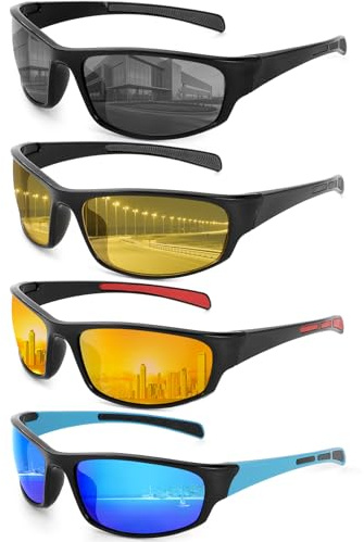 Beipegin 4pcs Sports Sunglasses Mens Womens, UV400 Protection for Running Driving Fishing Cycling, Wrap Around Sunglasses for Adult Outdoor