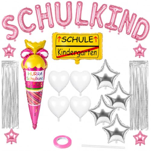 HSSPYY Einschulung Deko Folienballon Set Rosa 27tlg, Schulkind Ballons mit 2 Lametta Vorhängen, Hurra Schulkind Eiscreme Ballon & rosa Stern Folienballons, Fotohintergrund für den ersten Schultag