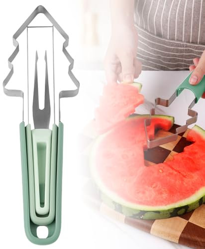3 in 1 Watermelon Fruit Cutter, Stainless Steel Fruit Slicer Useful Gadgets,Kitchen Gadgets 2025 New Multifunctional Melon Mango Watermelon Cutter for Kitchen, Summer Family Party Forks (Green)
